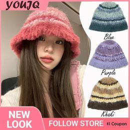 Japanese Pink Blue Matching Handmade Knitted Hats For Women Winter Warm Ear Protection Big Eaves Soft Plush Bucket Caps 231229