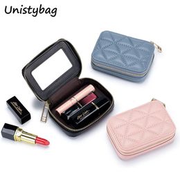 Unistybag Lipstick Bag Genuine Leather Makeup Case Mini Purse Organiser Women Cosmetic Bag Mirror Lipstick Pocket Coin Wallet 231229