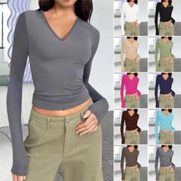 Women's T Shirts 2024 Spring Women Clothes White Corset Top Long Sleeve Pullovers Sexy V-neck Tight Shirt For Woman Casual Slim Tee