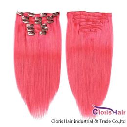 Extensions Pure Pink Straight Clips In On Extensions 100% Real Human Hair Brazilian Remy Coloured Weave Clip Ins Thick End 70g 100g 120g Set R