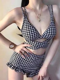 Wear Plaid Swimwear Ladies Korea 2022 New Star Same Swim Bikini Hollow Out Cross Straps Sexy Bikini Swimsuit Women Sexy Bikinis Suit