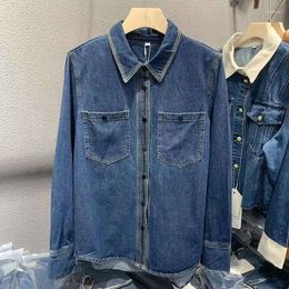 Women's Blouses 2023 Korean Vintage Turn-down Collar Denim Shirt Clothing Fashion Casual Long Sleeve Button Spliced Blouse For Female