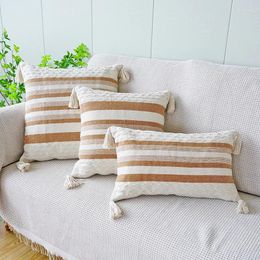 Pillow Cotton Woven Stripe Case Ivory Brwon Coffee Black Tassels 45x45cm 30x50cm 50x50cm Home Decoration Living Room Bedroom