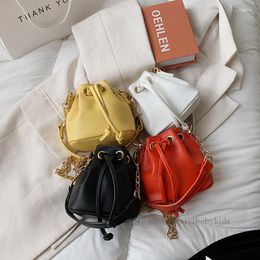 Children drawstring bucket handbags girls metals chain alar one-shoulder bag fashion kids PU leather messenger bags Z6402