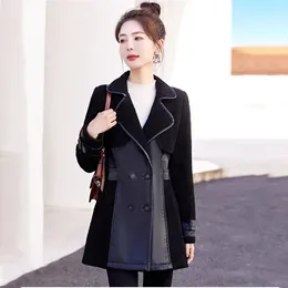 Women's Leather Fur Coat Long Winter 2023 Woollen Stitching Ladies' Slim Thick And Velvet Warm Windbreaker Jacket