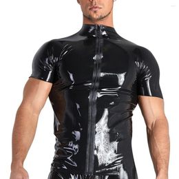 Men's T Shirts Comfy Fashion Top Jacket Tops Wet Look Blouse Brand Coat Collared Faux Patent Leather Regular Shirt