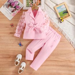 Clothing Sets VIPOL Brand Toddler Girls Set Butterfly Mesh Sleeve Blazers Tops Pant Two Piece Pink Color Kidsd Suits Fall Spring