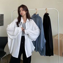 Women's Blouses Korean Thin Lantern Sleeve Shirt For Women Casual Mid-Length Sunscreen White Blouse Woman 2024 Spring Ice Silk Loose Black