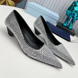 Dress Shoes Size 34-42 Spring Autumn Est For Women Genuine Leather Chunky Heels Loafers Crystal Bling Pumps Slip-on Designer