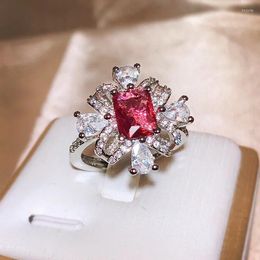 Cluster Rings Fashion Female Red Crystal Stone Ring Charm 925 Silver Thin Wedding For Women Dainty Bride Flower Zircon Open