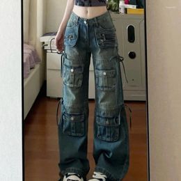 Women's Jeans 2023 Multi-Pocket Blue Denim Cargo Pants Women BF Style Y2k Streetwear Hip Hop Harajuku Baggy Low Waisted Wide Leg Kpop