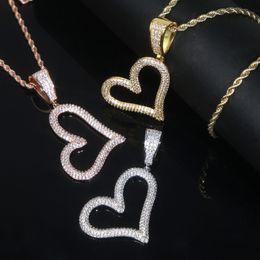 Trendy Tilted Hollow Heart Pendant Necklace Glossy Charms Iced Out Prong Setting CZ Cubic Zirconia Hip Hop Women Gift Jewellery