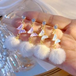 Dangle Earrings Cute Butterfly White Plush Ball Drop For Women Winter Sweet Girls Zircon Acrylic Christmas Party Ear Jewelry