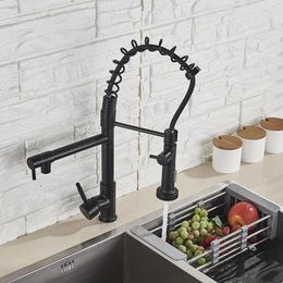 Kitchen Faucets And Cold Water Tap Matte Black Finish Dual Spout Sink Faucet Deck Mount Spring Mixer