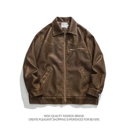 American Vintage Washed Leather Jacket for Men's Autumn Niche Highend Motorcycle Bomber Women BF Style Cool Lapel Coat 231229