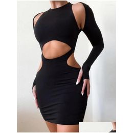 Grundlegende beiläufige Kleider aushöhlen sexy schwarzes Kleid Soild Bodycon Baumwolle Langarm Mini Robes Fashion Club Party Frauen Kleidung Weste Dhbzj