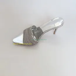 Sandals Luxury Crystal Diamond Decoration Stiletto High Heels Slippers Female Pointed Toe Slip On Sliver Mules Sandal Shoes