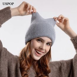 USPOP Fashion Winter Thick Warm Hats Women Beanie Cute Cat Ears Rabbit Hair Knitted Hats 231229