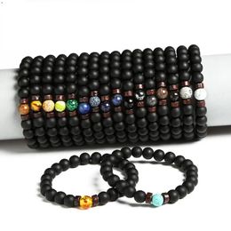 8mm Black Glass Beaded Bracelet Wooden Spacer Chakra Natural Stone Bead Charms Set Jewellery for Women Girl Gift