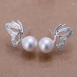 Stud Earrings Classic High-Quality E017-2 Wholesale Silver Plated Fashion Jewellery Pearl Butterfly White Agnaixua
