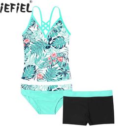 set Kids Girls Tankini Set Floral Print V Neck Sleeveless Swimsuit Beachwear Bathing Suit Tops with Bottoms Shorts Bikini Swimwear