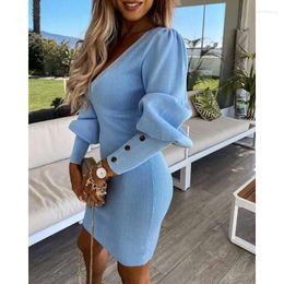 Casual Dresses Sophisticated Vintage Arrivals Women Clothes Spring Summer Fashion Solid Colour V-neck Puff Sleeve Tight Knitted Dress