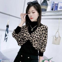 Women's Blouses Women Office Lady Spring Autumn Turtleneck Printed Leopard Or Letter Geometric Vintage Full Sleeves Patchwork Shirt