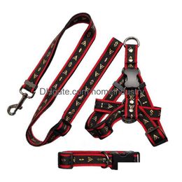 Designer Dog Collar Leashes Set Classic Bronzing Letter Pet Collars Nylon Car Seat Belts No Pl Harness For Small Medium Large Dogs Dhefs