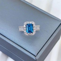 Cluster Rings Selling S925 Sterling Silver White Gold Natural London Blue Topaz Stone 6 8MM Ring Lady Gift