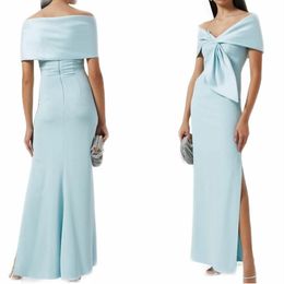 Elegant Long Light Blue Crepe Evening Dresses With Slit Sheath Off Shoulder Pleated Ankle Length Prom Dress Party Dresses for Women