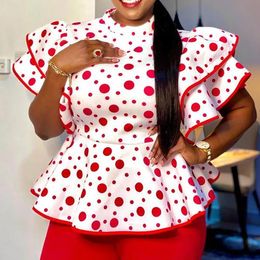 Shirts Summer Red Polka Dot Print Blouse Women Ruffles African Office Lady Casual Tshirt Black Top Sexy Vintage Y2k Womens Shirts 2023