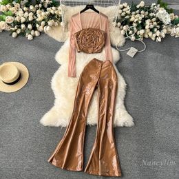 Women's Two Piece Pants Three-Dimensional Flower Pleated Square Collar Mesh Stitching PU Leather Shirt Two-Piece Set Women Y2k Sets Sexy