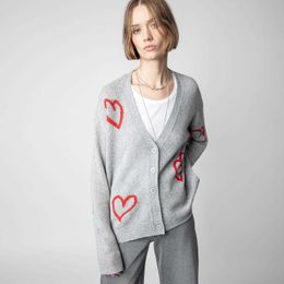 23 Early Autumn New French Niche Zadig Voltaire2024 Cardigan Red Heart Jacquard Hem with a Split V-neck Knit Sweater for Women