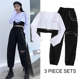 Women's Pants Fashion Jogger 3 Piece Sets Women 2024 High Waist Cargo With Chain Streetwear Casual Hip Hop Long Sleeve Crop