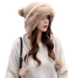 Korean Autumn And Winter Women's Rabbit Hair Ball Beanies Hats Ear Protection Plush Wool Knitted Warm Hat 231229