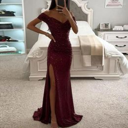 Casual Dresses Off-shoulder Gown Dress Elegant Sequined V-neck Off Shoulder Maxi For Evening Party Prom With Slim Waist Sexy Split