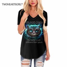 T-Shirts 2021 Fashion Tshirt Cheshire Cat 3D Tshirt Print Funny Cat Short Sleeve Casual Oversized Clothing Tops Female T Shirt Vneck