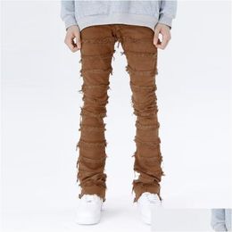 Mens Jeans Retrowork Flared Pants Grunge Wild Stacked Ripped Long Trousers Straight Y2K Baggy Washed Faded For Men Drop Delivery Dhop3