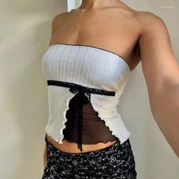 Women's Tanks CINESSD Black And White Contrast Colour Women Tank Tops 2024 Summer Mesh Patchwork Short Strapless Bow Sexy Trendy Niche WS582