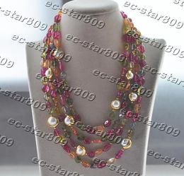 Necklaces Z11382 4Row 20" 15mm Multicolor Tourmaline goldplating White Pearl Necklace