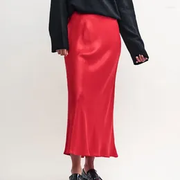 Skirts Korean Spring Summer Women's Satin Skirt Elegant A Line High Waist Mid-length Red Office Long For Womans