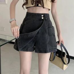 Skirts Rimocy Korean Style High Waist Skirt Shorts Women 2023 Summer Pockets Denim Shorts Woman Double Button A Line Skirt Pants Female