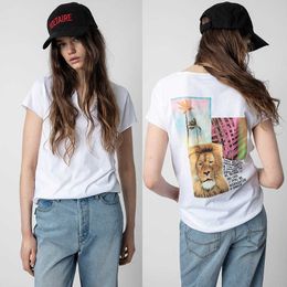 23 Summer New French Style Zadig Voltaire2024 Back Lion Coconut Tree White Ink Digital Print U-neck Women's Short Sleeve T-shirt