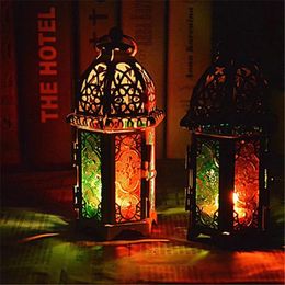 Supplies Vintage Metal Hollow Candle Holder Colour Glass Crystal Moroccan Candlestick Hanging Lantern Wedding Party Home Decor