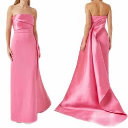 Elegant Long Pink Satin Strapless Evening Dresses With Train Sheath Sleeveless Pleated Ankle Length Prom Dress Party Dresses for Women