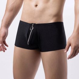 Underpants Mens Boxershorts Sexy Zipper U-Convex Underwear Solid Colour Low Waist Stretchy Boxers Mankini Beach Panties Breathable Pantys