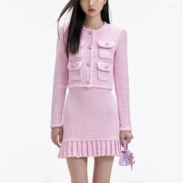 Women's Knits 2024 Early Spring Women Pink Round Neck Cardigan Jacket / Hip-covering Short Skirt