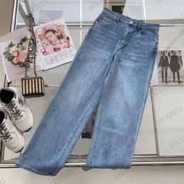 Jeans Clothes Women Jeans Highwaisted Hem Cuffs Straight Denim Trousers Back Pocket Color Contrast Logo Leather Brand Decoration Fashio