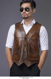 Vests Men's Genuine Leather Vest V Neck Cowhide Leather Waistcoat Fit For Casual Street Bikers Vest Sleeveless Jacket Clothing