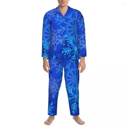 Men's Sleepwear Snowflake Layered Pajamas Man Blue Print Lovely Room Autumn Two Piece Loose Oversize Design Pajama Sets